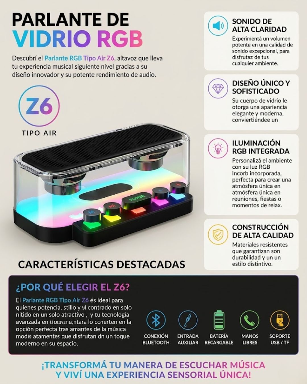 Parlante vidrio RGB